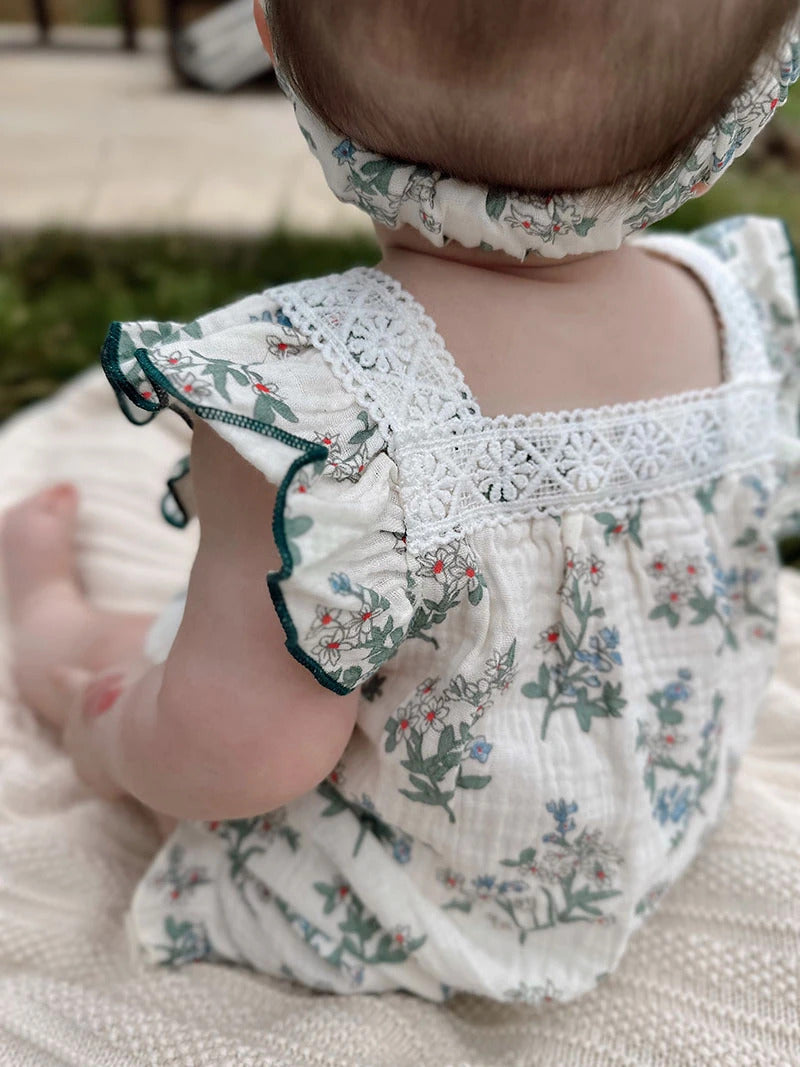 Sweet Green Floral Jumpsuit with Hairband