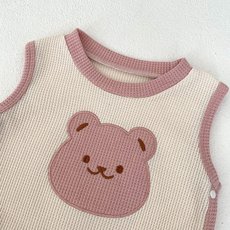 Infant Cute Pink Bear Waffle Vest Shirt Set
