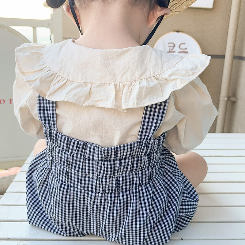 Peter Pan Collar Shirt And Plaid Overall  2 Pcs Infant Girl Clothing Set