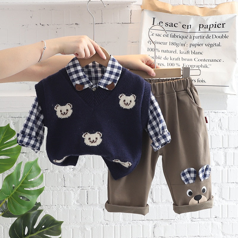 Bear Vest +Lattice Shirt +Pants Set Boys Outwear 3PCS