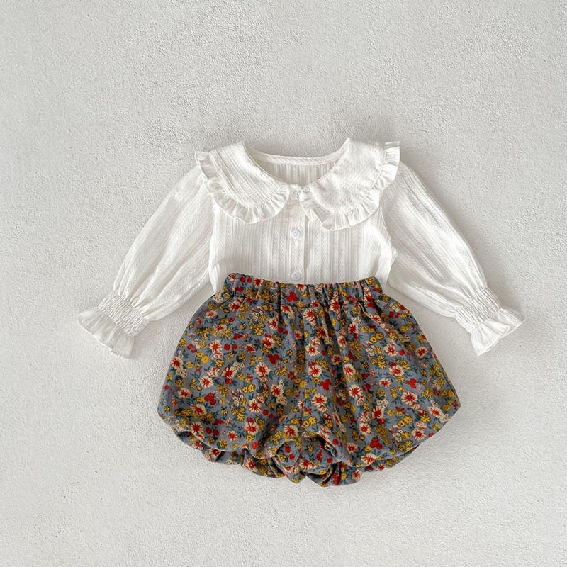 White Shirt And Floral Bloomer 2 Pcs Girls Suit