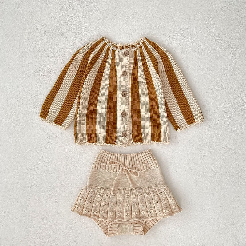 Striped Sweater Coat And Knit Bloomer 2 PCs Girls Suit
