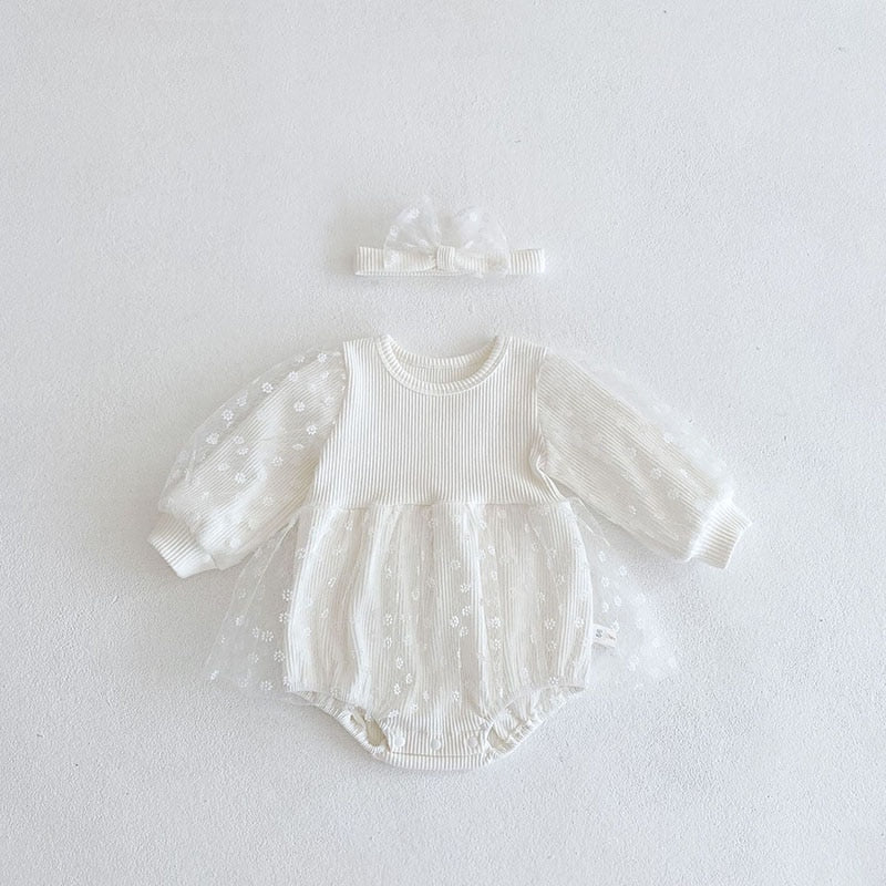 Baby Lace One Piece Daisy Embroidery Outfit With Headband