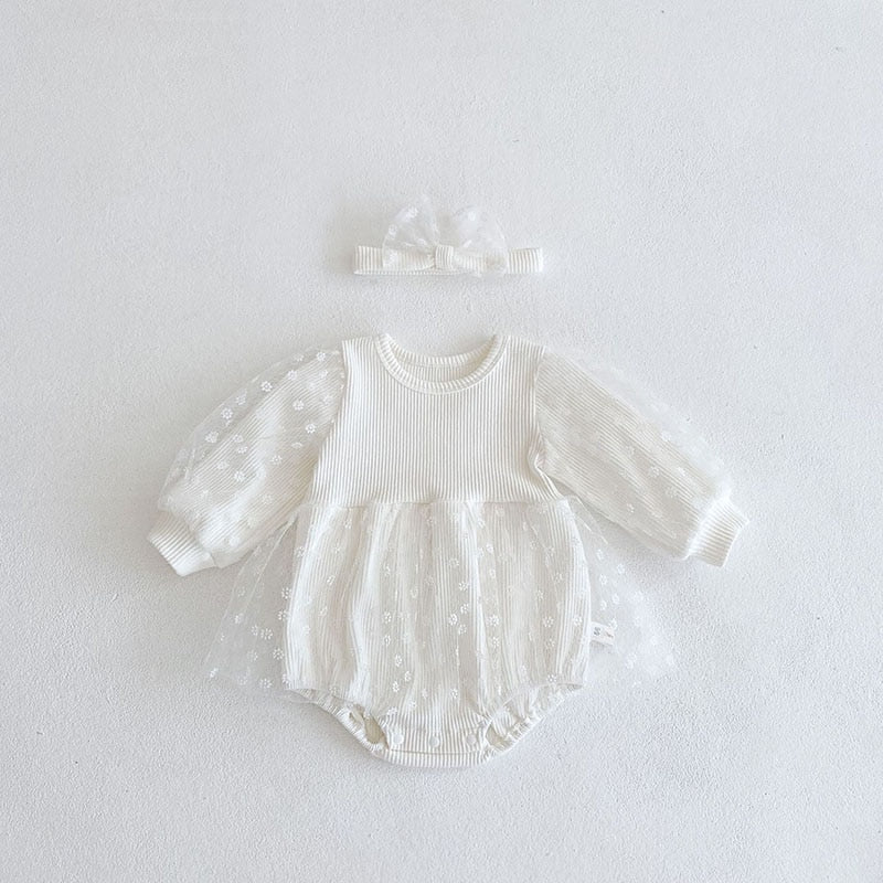 Baby Lace Daisy Embroidery Outfit With Headband