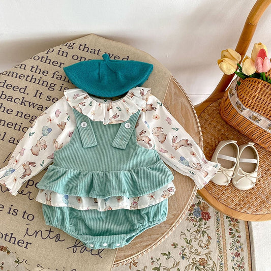 Ruffle Collar Blouse And Corduroy One Piece 2 Pcs Girls Suit