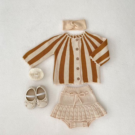 Striped Sweater Coat And Knit Bloomer 2 PCs Girls Suit