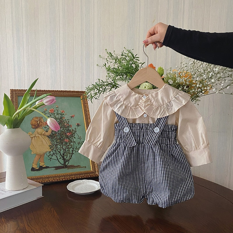 Peter Pan Collar Shirt And Plaid Overall  2 Pcs Infant Girl Clothing Set